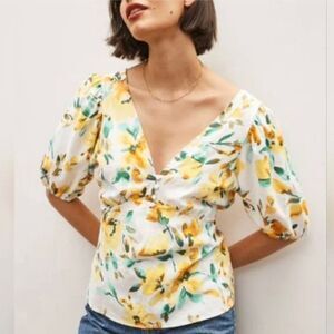 Gap Floral Puff Sleeve Peplum Blouse V-Neck Linen Blend White Women's Size S